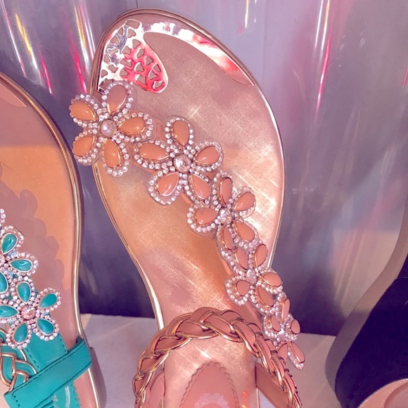 Restocked! Italina Peachy Tan Floral Rhinestone Gold Woven Flat Sandal - Picture 11 of 11